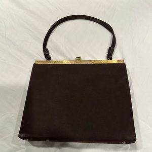 Brown suede clutch, hinge-top purse